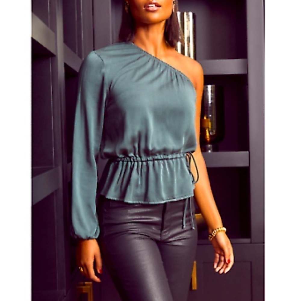 Cloth & Stone Deep Pine Green Luxe Satin One Shoulder Blouse Top Size XS